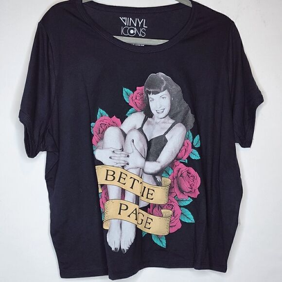 5X 28W Torrid Black Betty Page Crop Tee Ringer Relaxed Fit Tattoo Pinup Rose cre - Picture 2 of 6